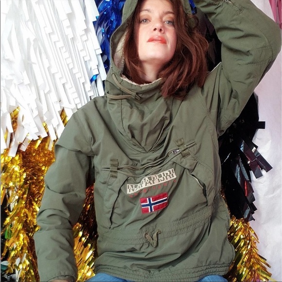 Napapijri Jackets & Blazers - VINTAGE NAPAPIJRI Pullover Parka Coat, Sherpa Lined Hood Women’s Medium, Green